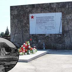Spomen-kosturnica, Gradsko groblje Sl. Brod. U krugu: Radićeva obala u Slavonskom Brodu 1945. 